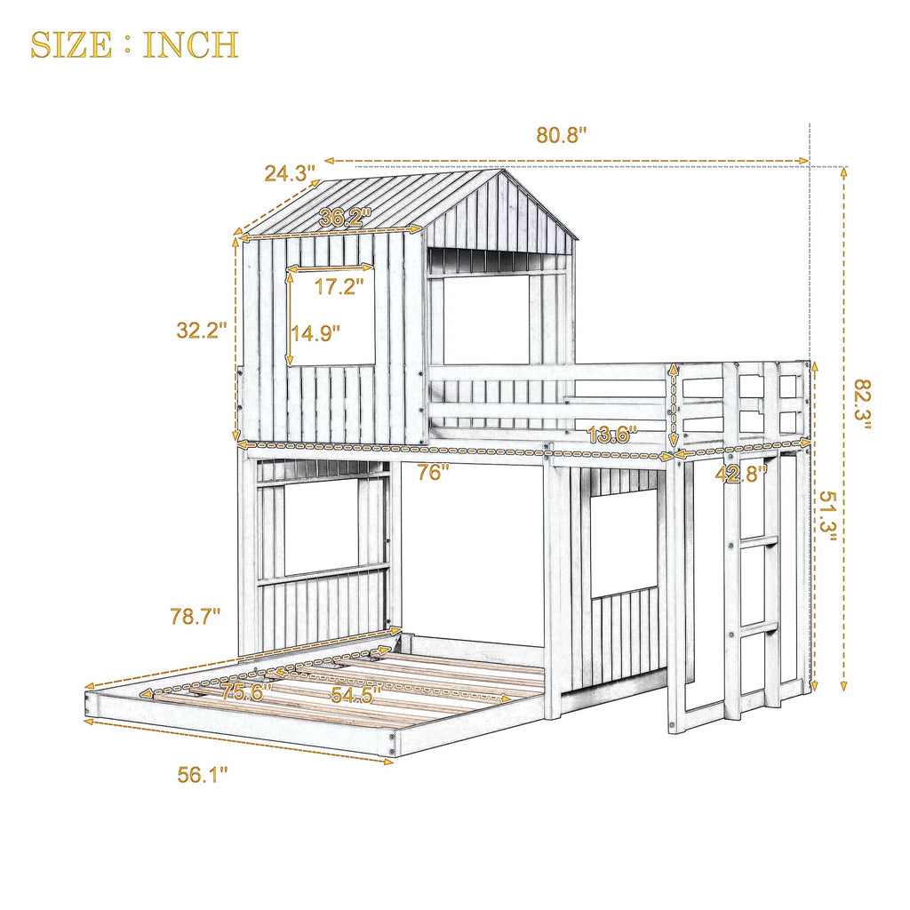 White Wooden Twin Over Full Bunk Bed with Ladder and Guardrails G2721