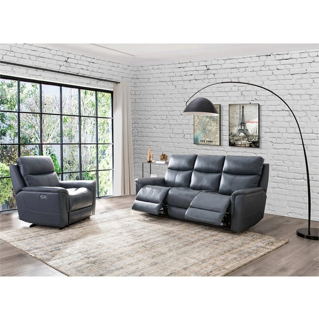 Blue Grey Leather Power Motion Sofa Y7290