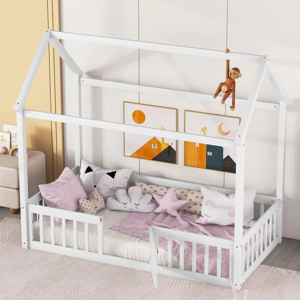 Twin House Floor Bed with Rails and Door A495306
