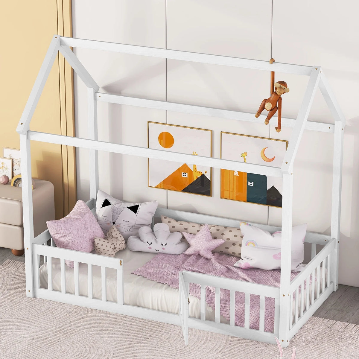 Twin House Floor Bed with Rails and Door A495306