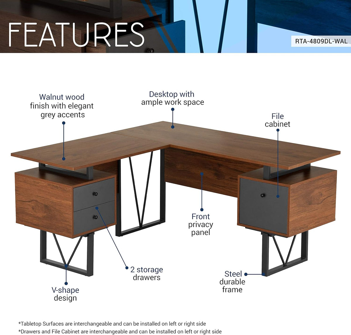 L-Shape Computer Desk with Drawers and File Cabinet, Walnut Q285043