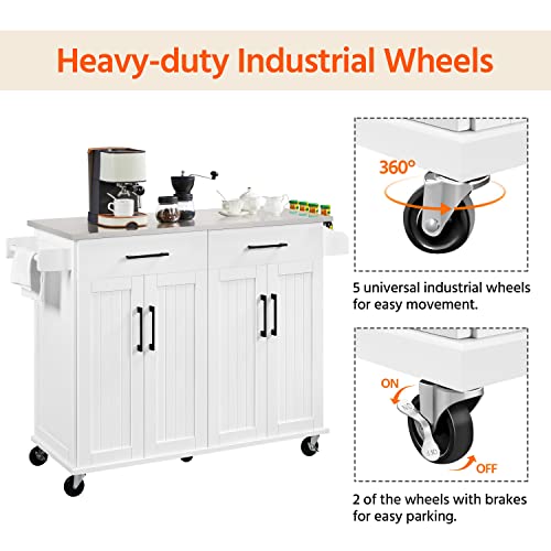 White Kitchen Island Cart with Stainless Steel Countertop Z71983