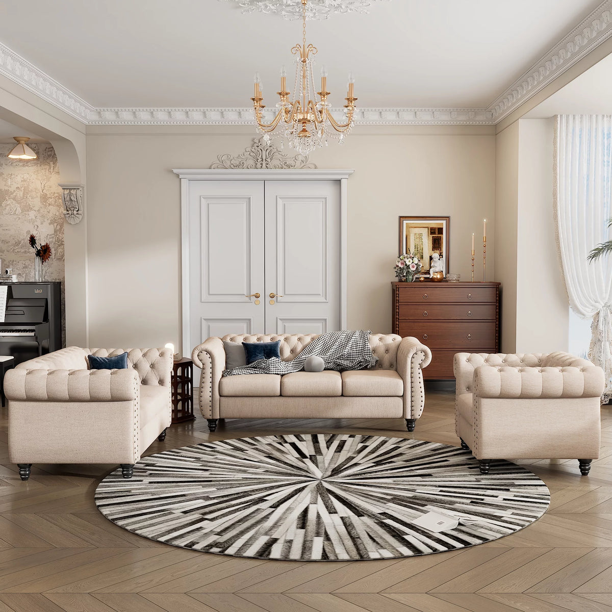 Dutch Velvet Tufted Sofa Set with Solid Wood Legs Y904