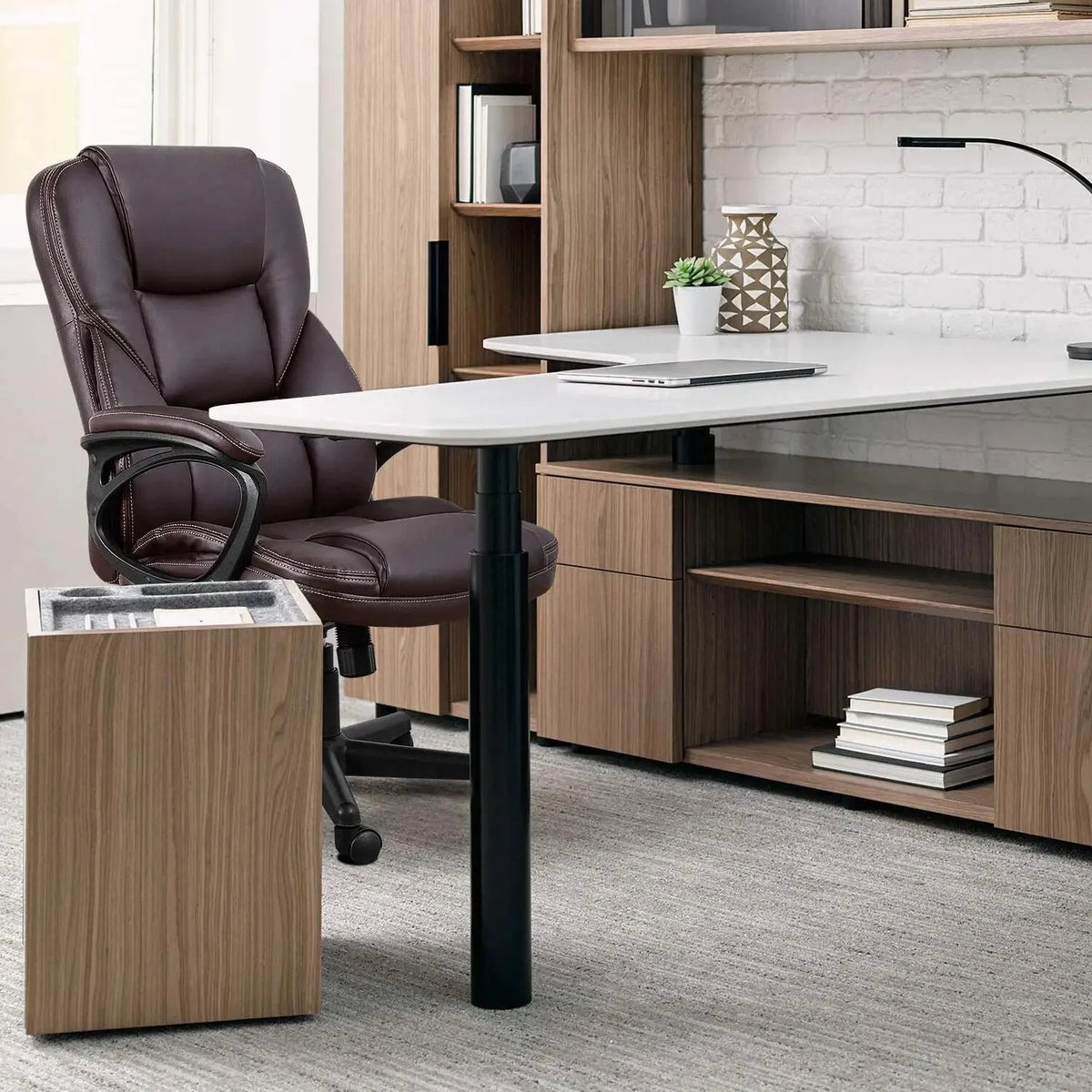 Brown Faux Leather High-Back Office Chair with Lumbar Support V54710