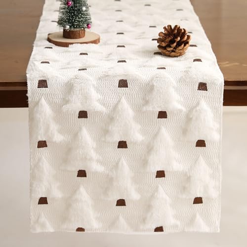 Beige 13x72 Inch Faux Fur Jacquard Christmas Tree Table Runner Z903