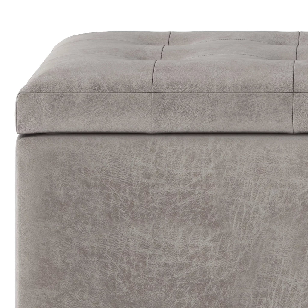 34 inch Wide Rectangle Storage Ottoman in Distressed Grey Taupe Faux Leather Z21508