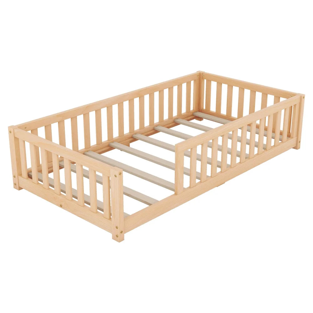 Twin Size Montessori Floor Bed with Guardrails and Door H896