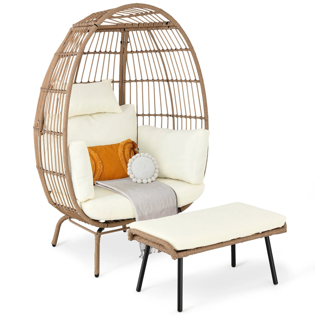 Oversized Wicker Egg Chair with Stand and Cushions N668