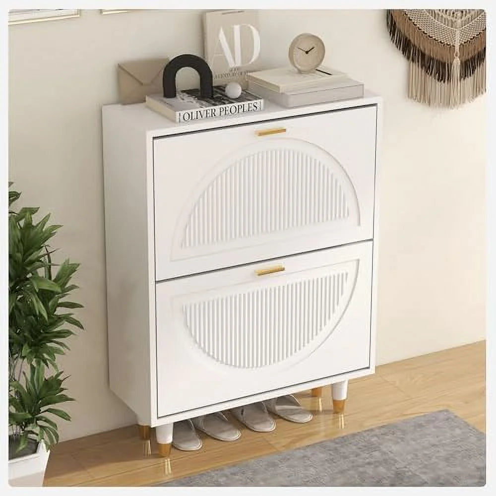 White Slim Shoe Cabinet with Doors I4309