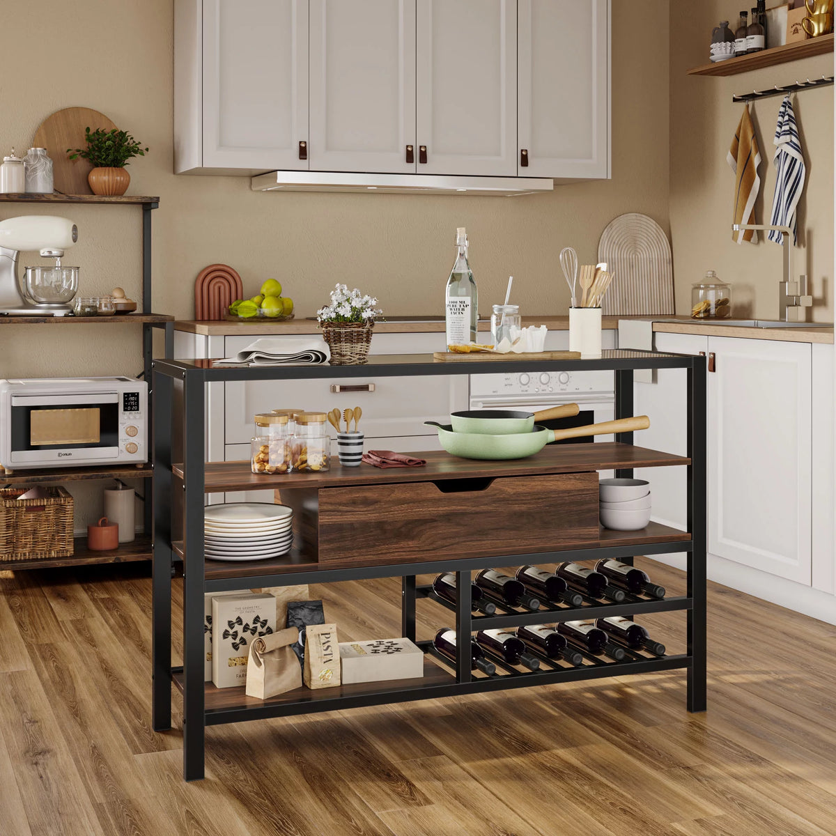Glass Top Console Table with Wine Rack & Storage Cabinet W99968