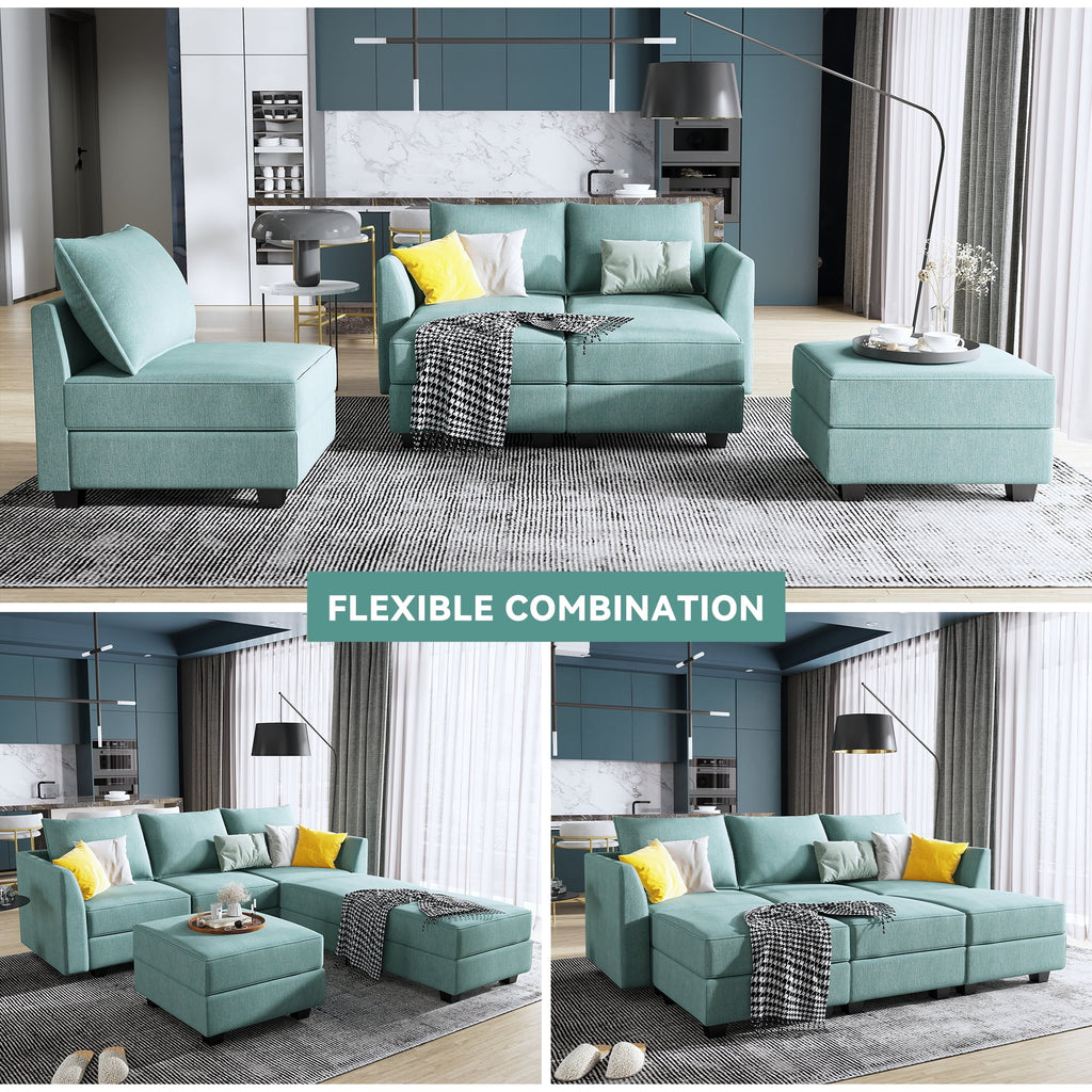 Aqua Blue Fabric Sleeper Sectional Sofa Bed with Storage Ottomans Z13286