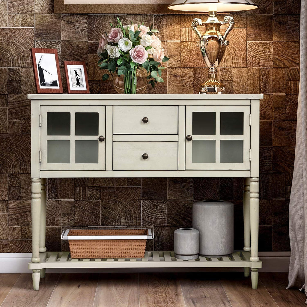 Antique Navy Console Table with Two Storage Drawers Two Cabinets and Bottom Shelf C293065