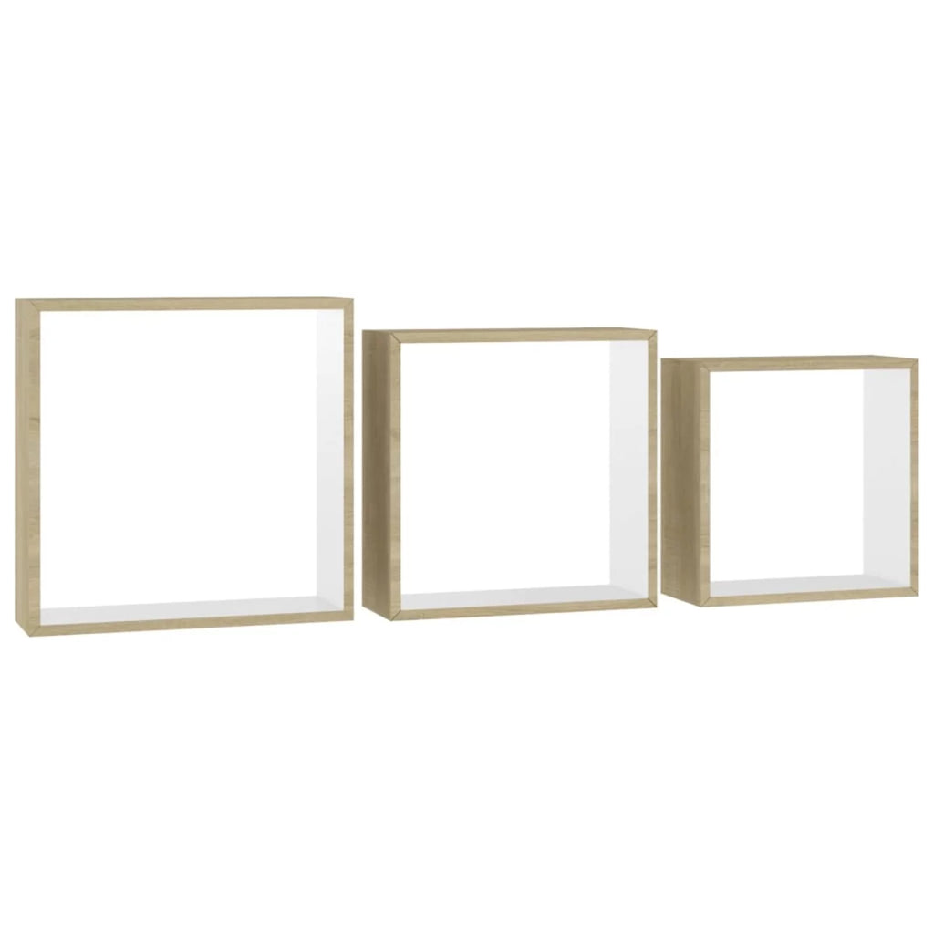 Set of 3 White Sonoma Oak MDF Wall Cube Shelves P12067