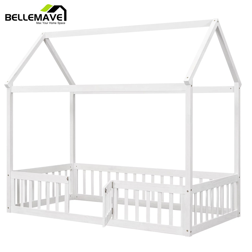 Twin House Floor Bed with Rails and Door A495306