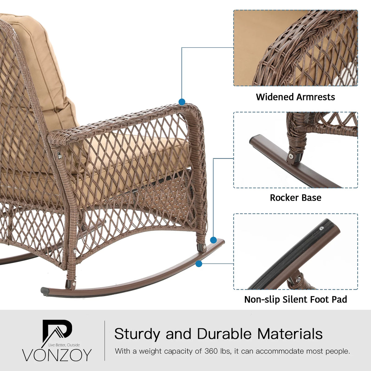 3-Piece Wicker Outdoor Rocking Chairs with Cushions and Table P340