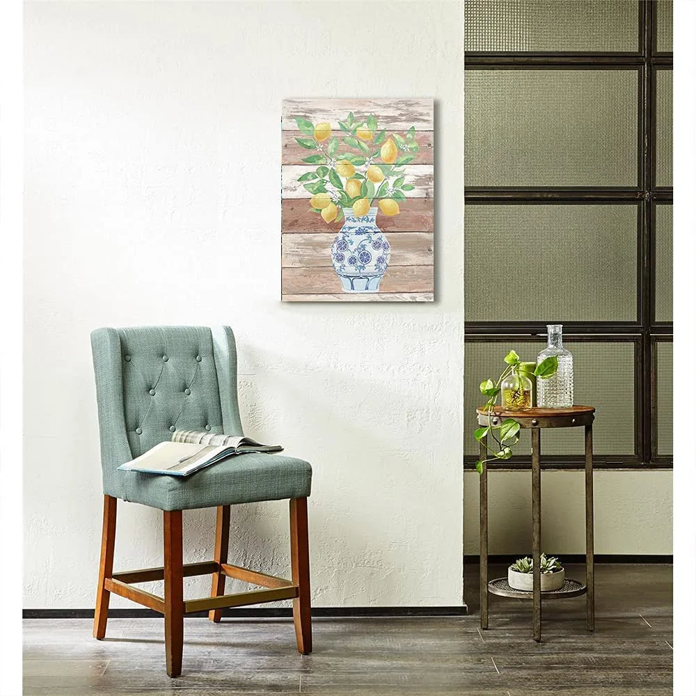 Lemon Wall Art Print Yellow Fruit White Flower Green Leaves Blue And White Porcelain Vase Unframed V254258