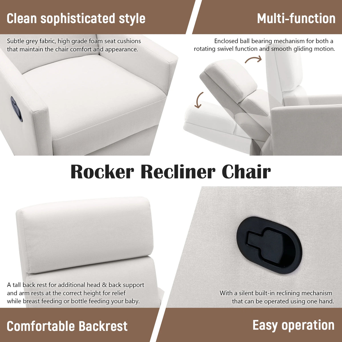 Beige Upholstered Swivel Rocker Recliner Chair D2453