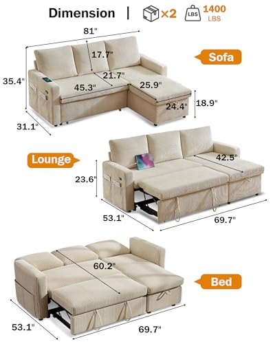 Beige Corduroy L Shaped Sleeper Sofa with Storage Chaise G43945
