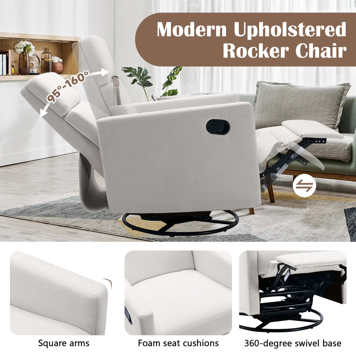 Beige Upholstered Swivel Rocker Recliner Chair D2453
