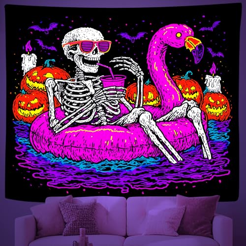 Blacklight UV Reactive Skeleton Pumpkin Bat Tapestry 90x70In Q9694