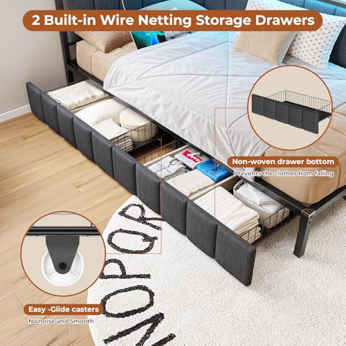 Full Size Corner Bed Frame with 2 Storage Drawers and Charging Station B107722