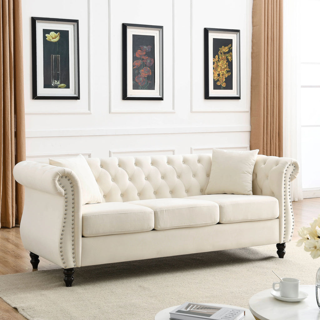 80" Velvet Tufted 3 Seats Sofa with Two Pillows F54685