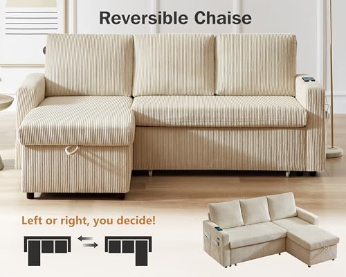 Beige Corduroy L Shaped Sleeper Sofa with Storage Chaise G43945