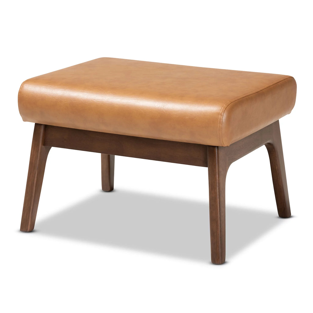 Walnut Brown Wood and Tan Faux Leather Ottoman W9222
