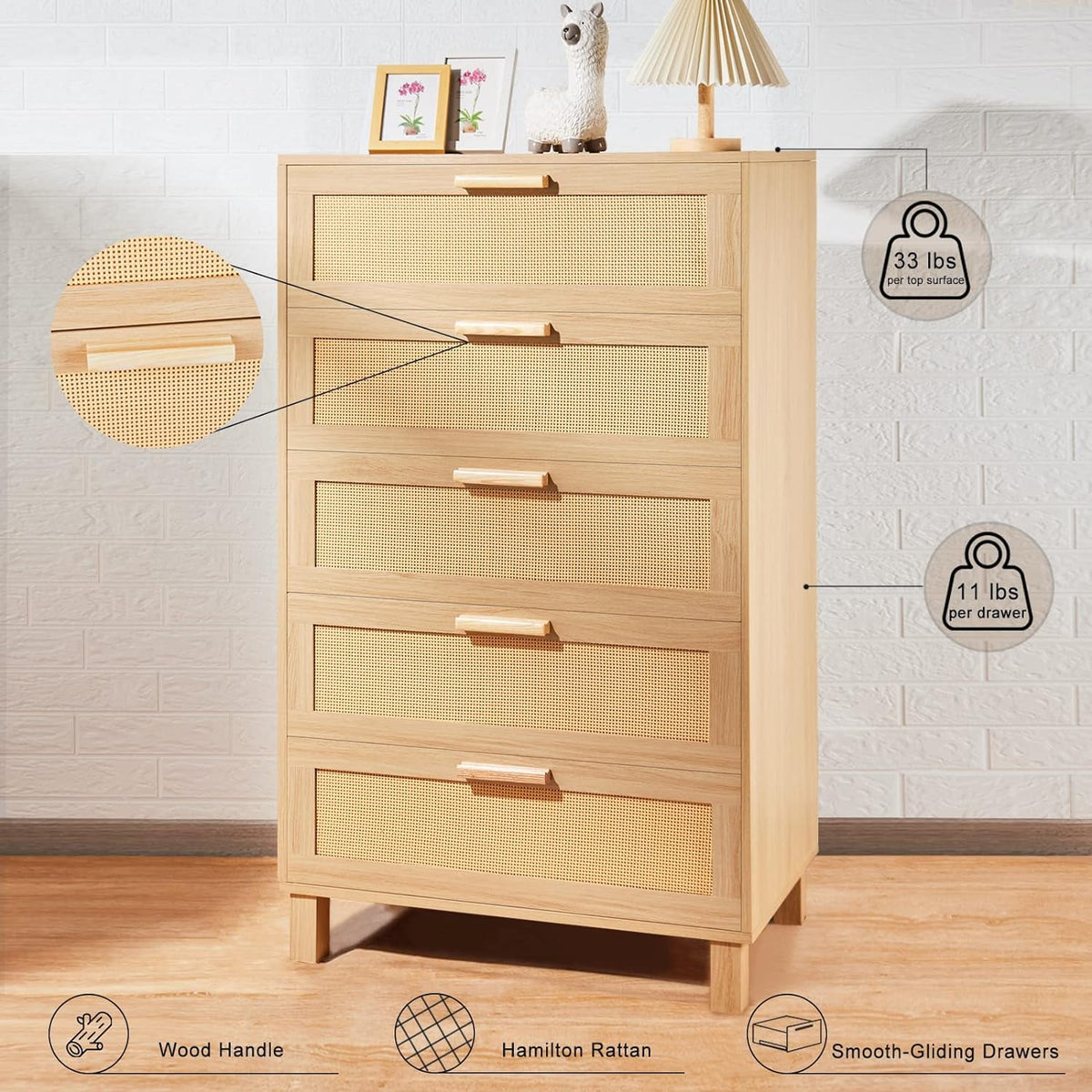 Oak 5 Drawer Rattan Dresser M784830