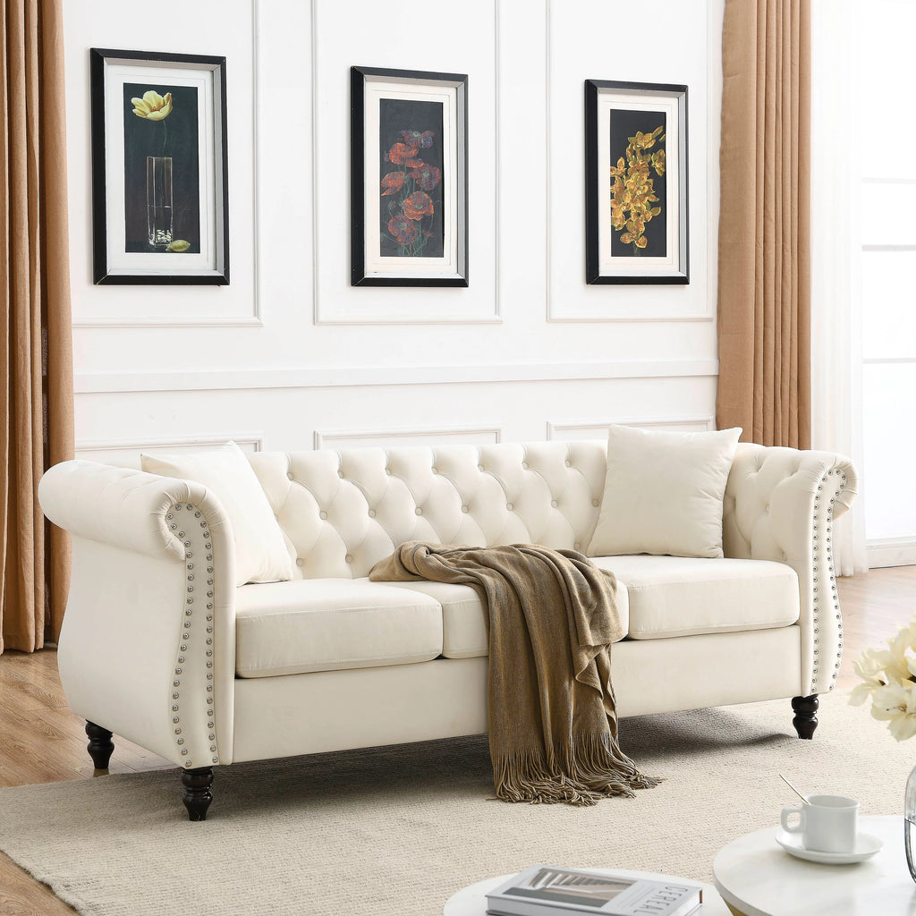 80" Velvet Tufted 3 Seats Sofa with Two Pillows F54685