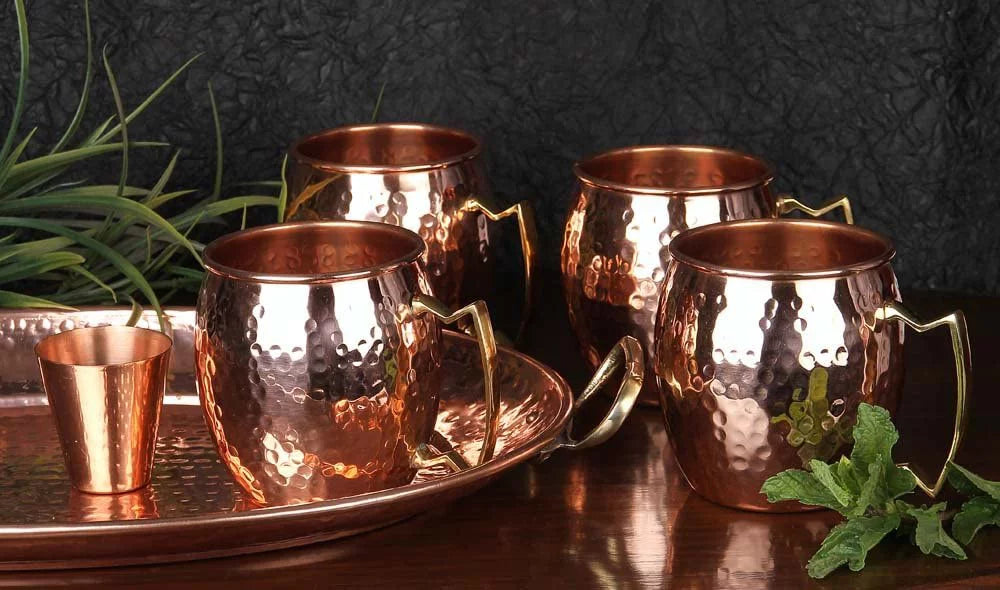 4 Handcrafted Copper Mugs & 4 Copper Straws & Shot Glass S407987