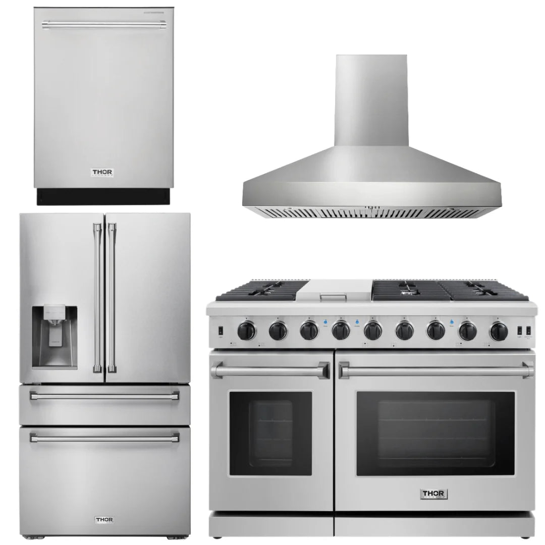 48 in. Propane Gas Range, Range Hood, Dishwasher, Refrigerator with Water and Ice Dispenser E459