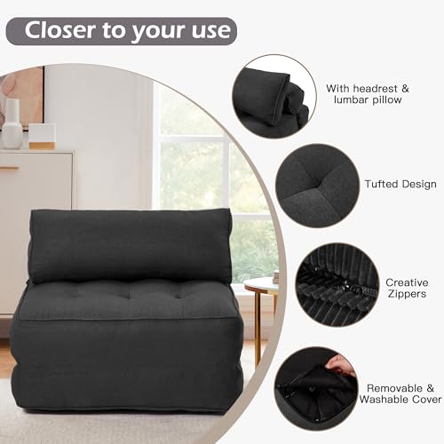 Folding Convertible Sofa Bed with Pillow, Black Linen Fabric V805262