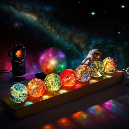 40mm Crystal Quartz 7 Chakra Healing Spheres Set with LED Wooden Stand T997963