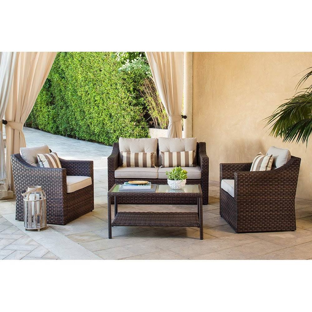 4-Piece All Weather Wicker Patio Furniture Set with Glass Coffee Table W56483