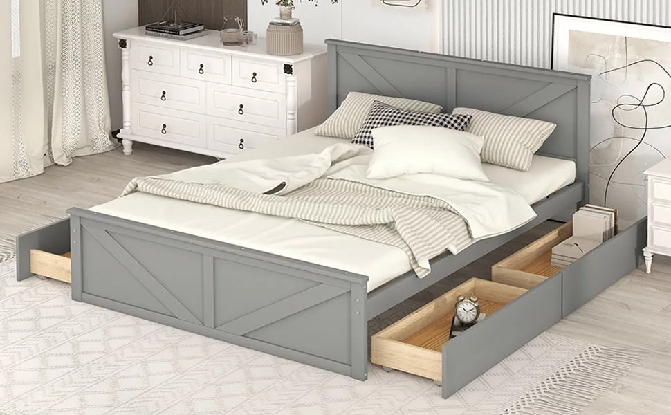 Wood Queen Bed Frame with 4 Storage Drawers G245