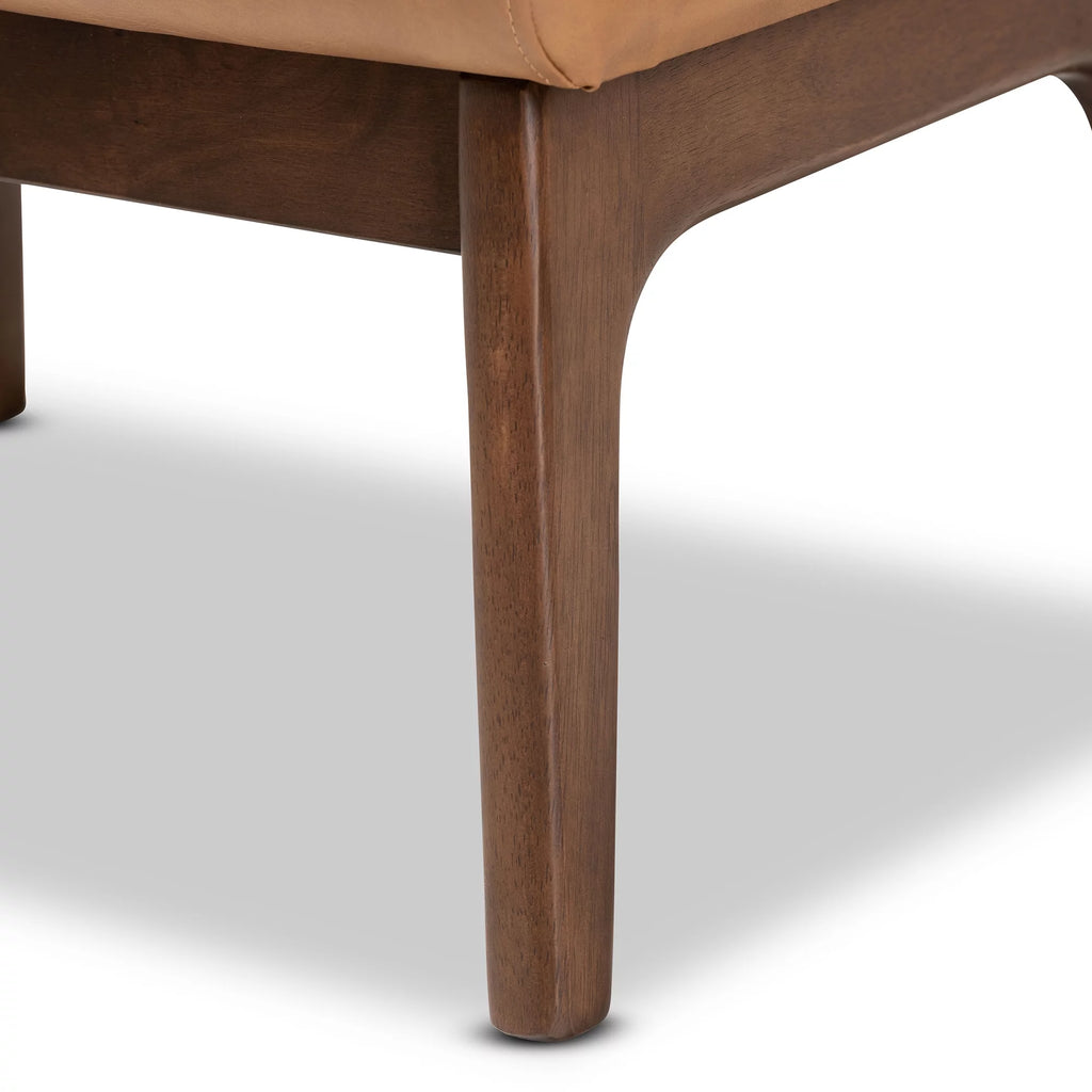 Walnut Brown Wood and Tan Faux Leather Ottoman W9222