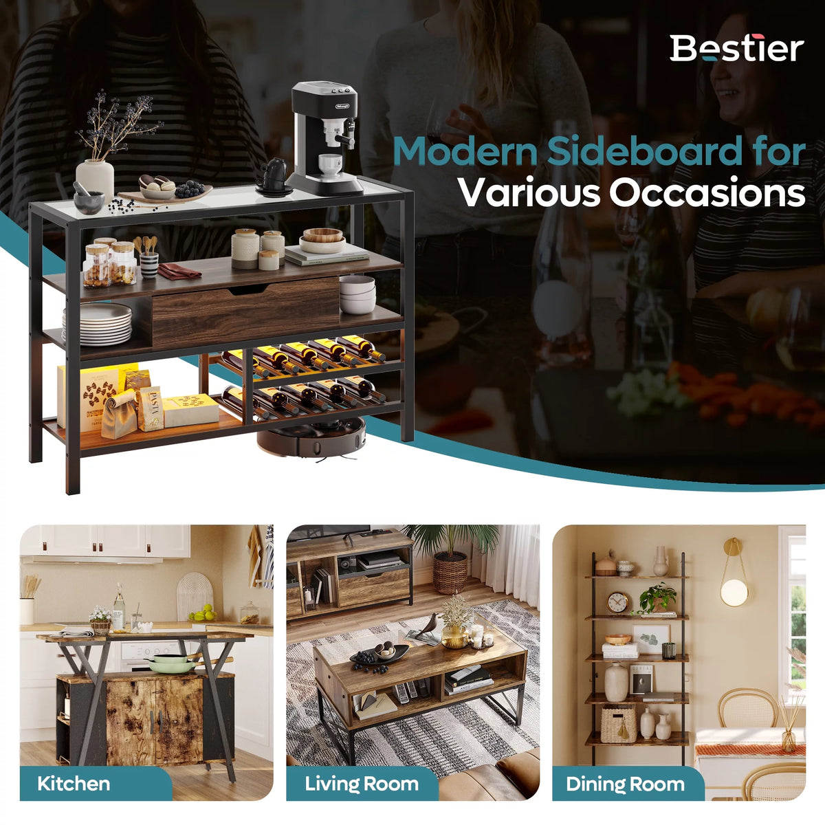 Glass Top Console Table with Wine Rack & Storage Cabinet W99968