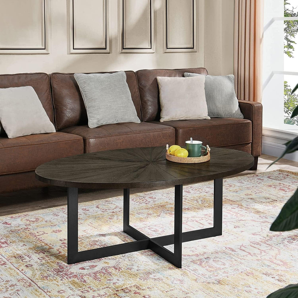 Solid Wood Oval Coffee Table with Cross Metal Legs Brown J5779