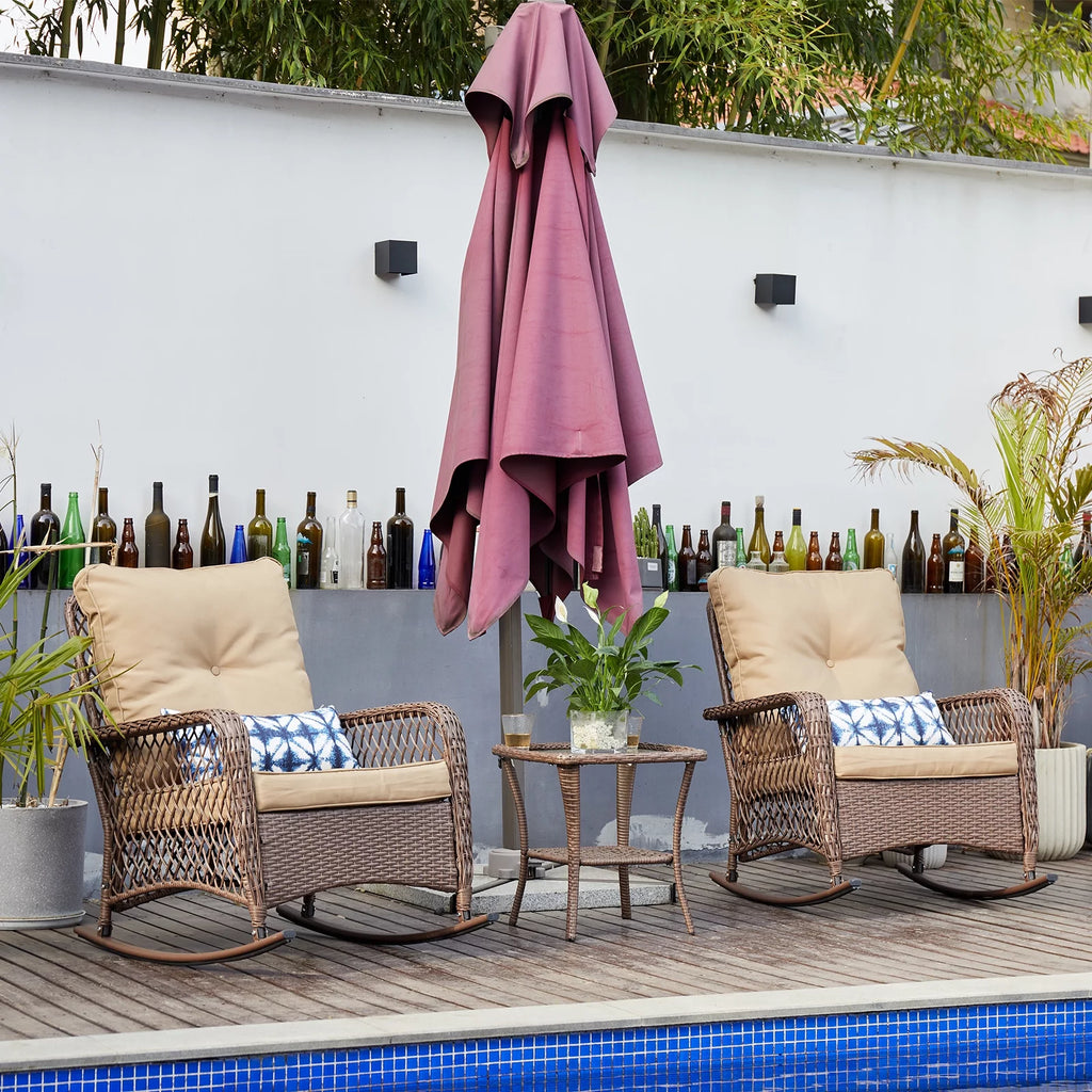 3-Piece Wicker Outdoor Rocking Chairs with Cushions and Table P340