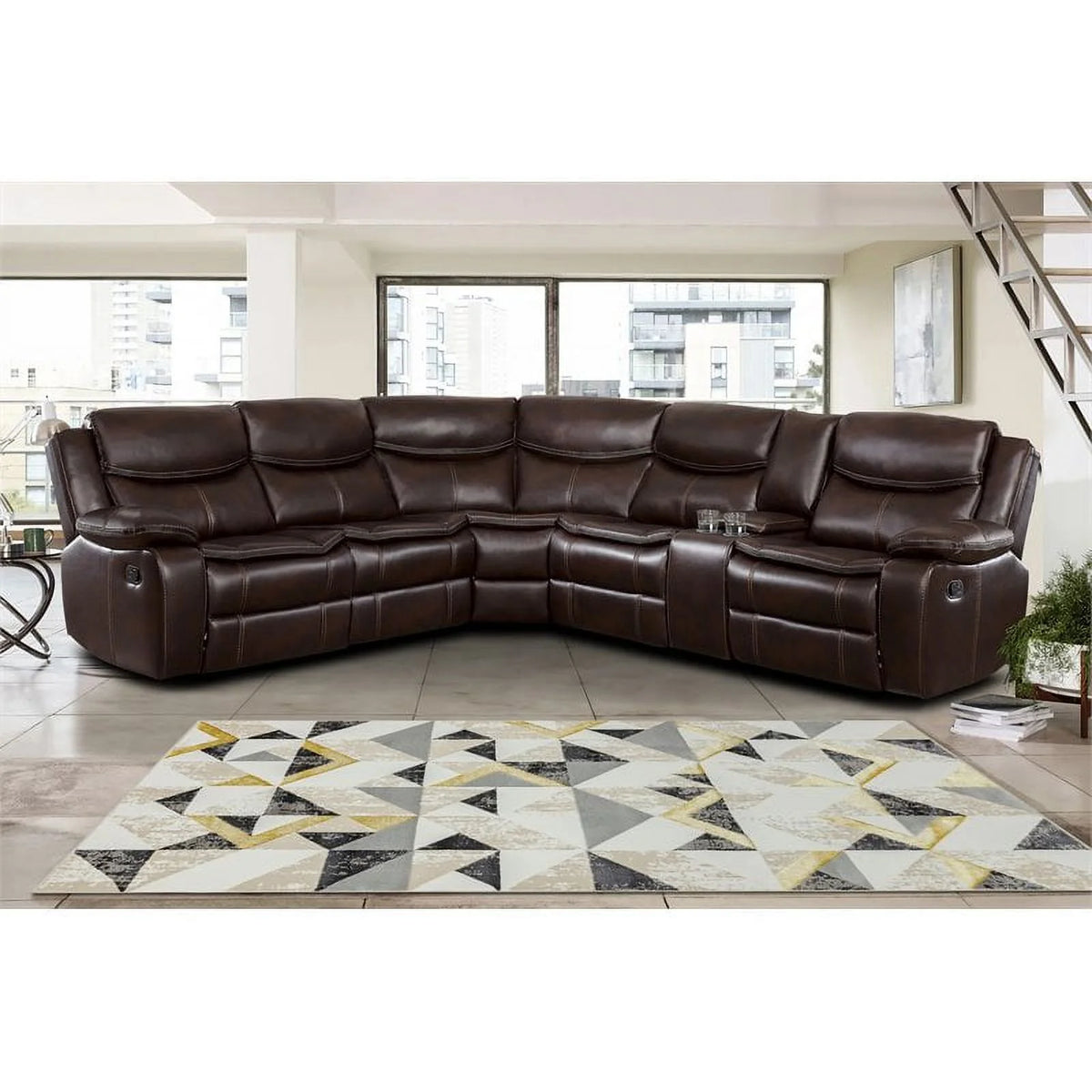 Brown 3-Piece Wood & Faux Leather Sectional Set S932