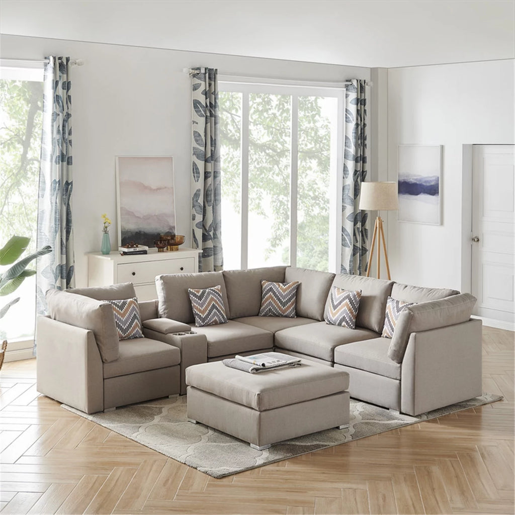 Beige Fabric Reversible Sectional Sofa with Ottoman K55217