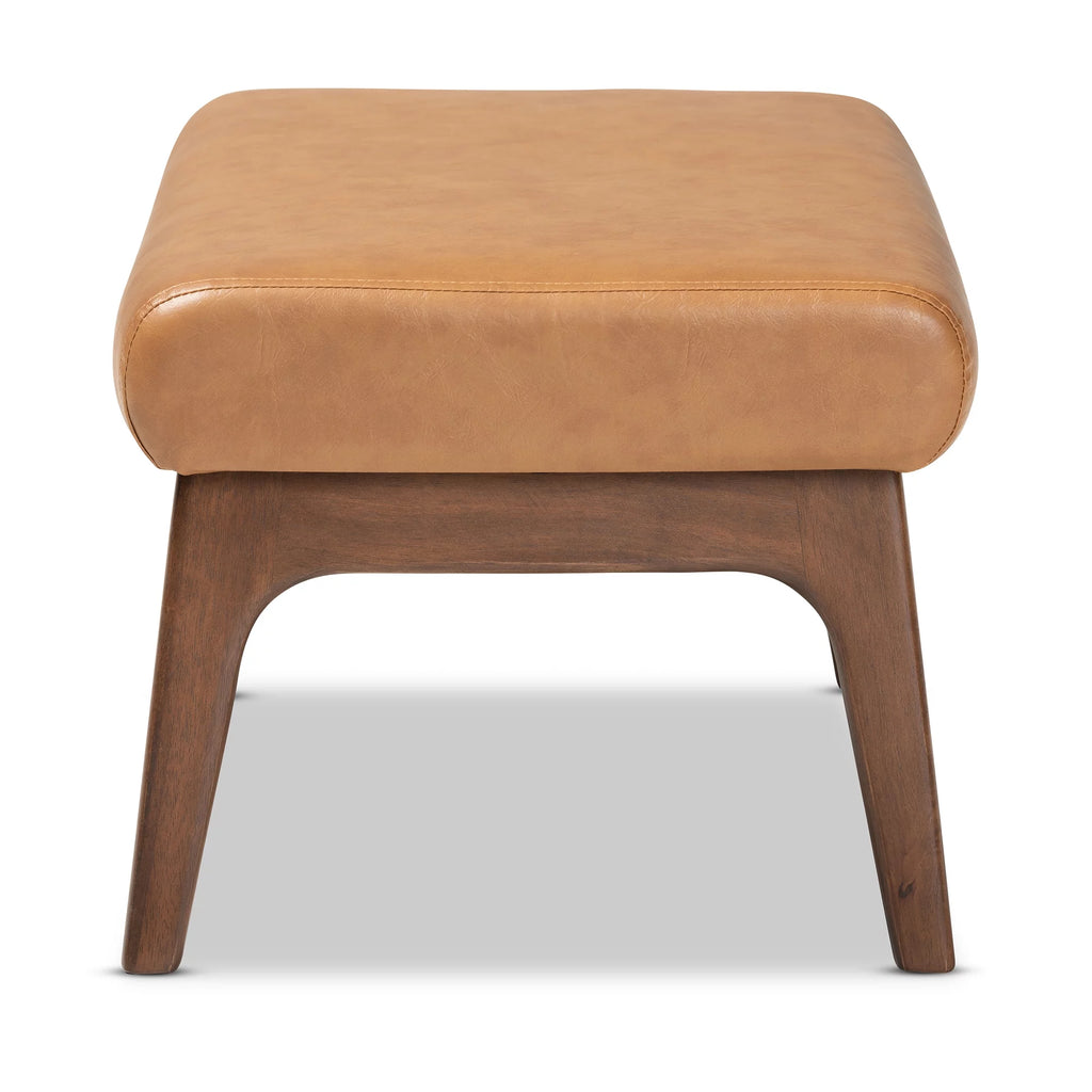 Walnut Brown Wood and Tan Faux Leather Ottoman W9222
