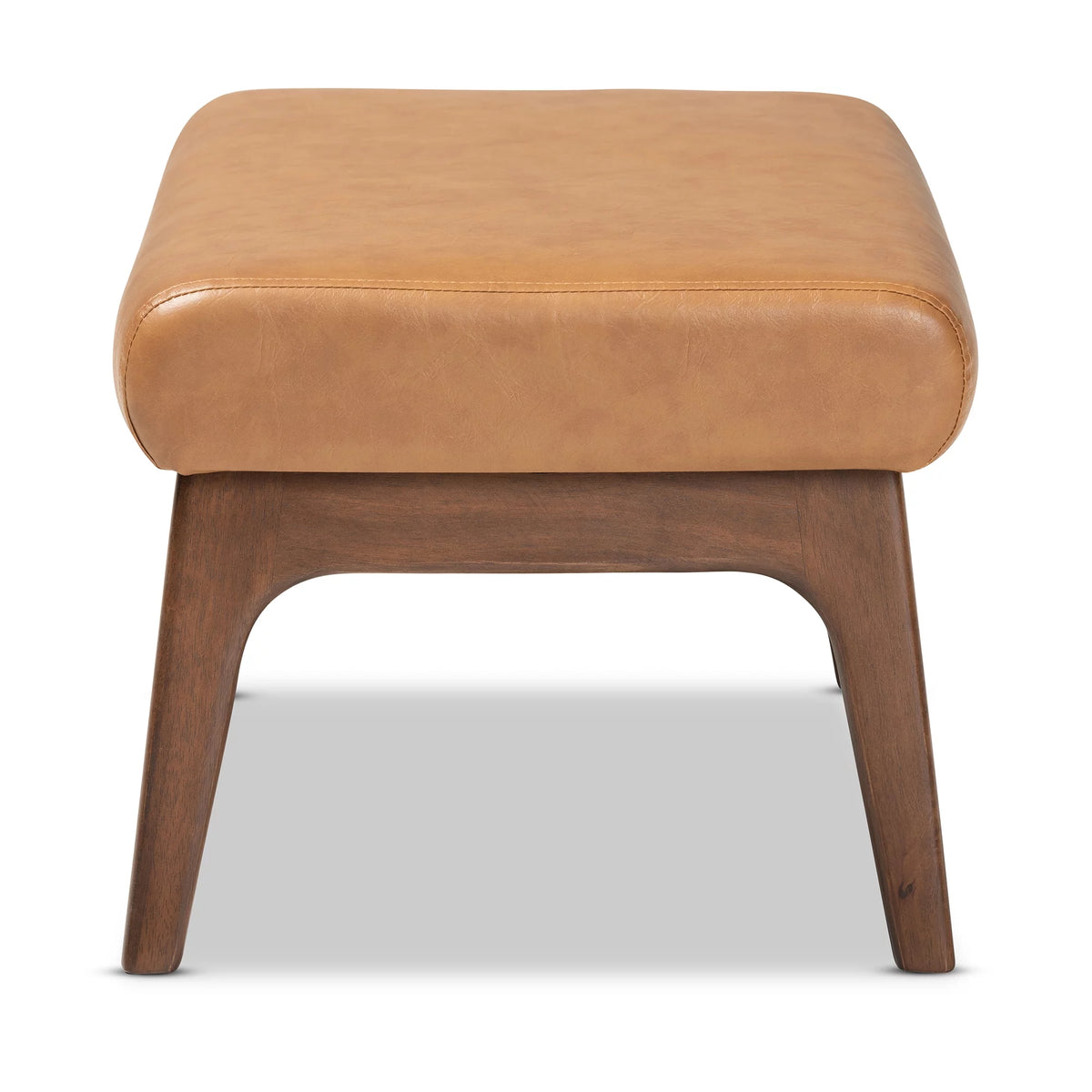 Walnut Brown Wood and Tan Faux Leather Ottoman W9222