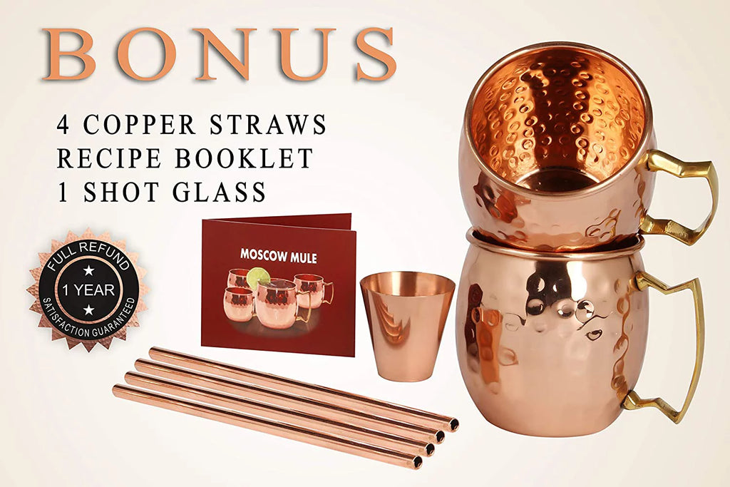 4 Handcrafted Copper Mugs & 4 Copper Straws & Shot Glass S407987