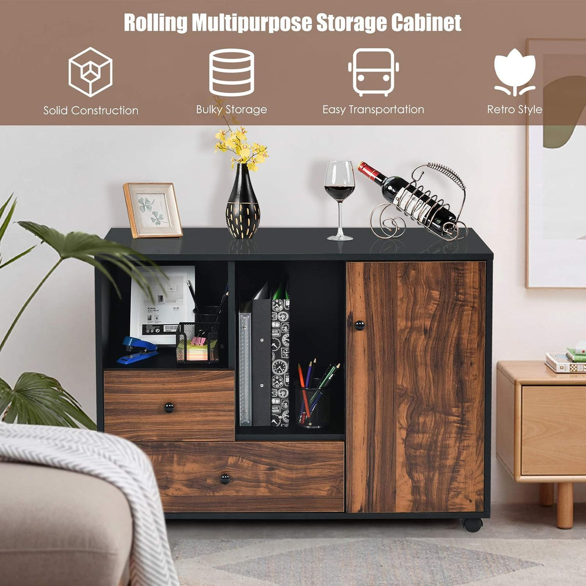 Black Brown 2 Drawer Wood Mobile Filing Cabinet K97578