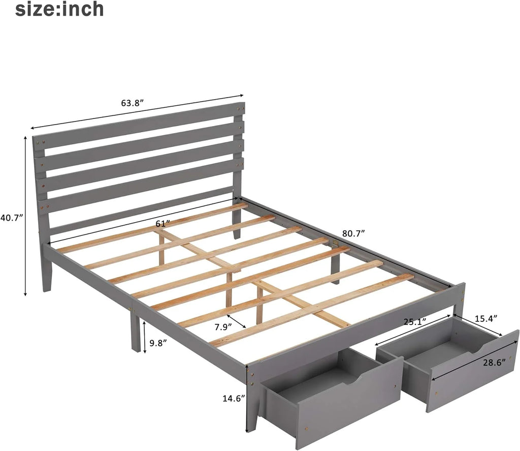 Queen Wood Platform Bed Frame with Storage Drawers and Headboard X6385