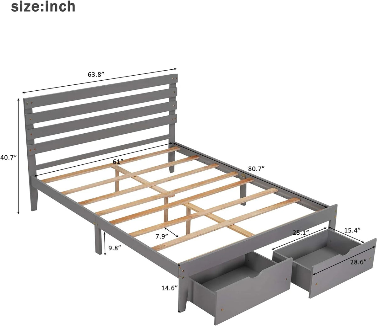 Queen Wood Platform Bed Frame with Storage Drawers and Headboard X6385