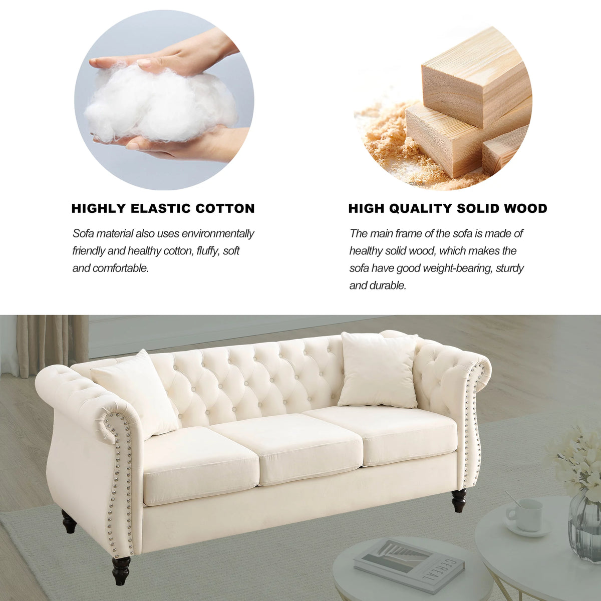 80" Velvet Tufted 3 Seats Sofa with Two Pillows F54685