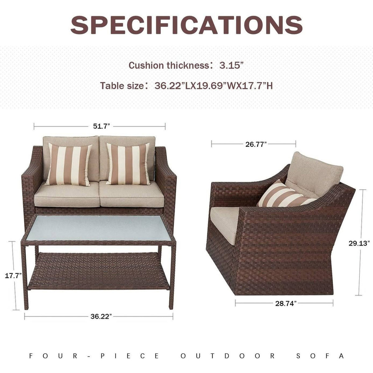 4-Piece All Weather Wicker Patio Furniture Set with Glass Coffee Table W56483
